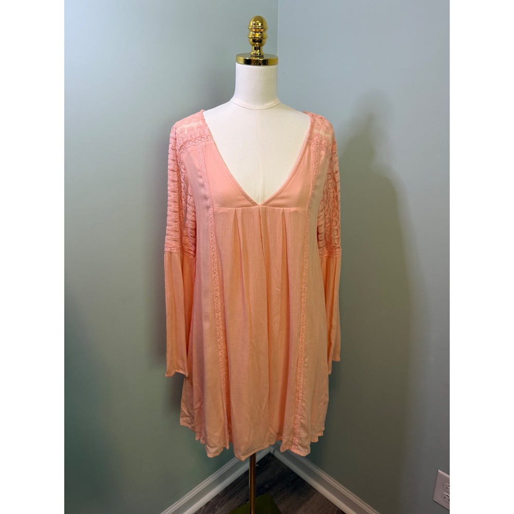 Altar'd State Boho Crochet Lace Mini Dress Peach Coral V-Neck Long Sleeve Small